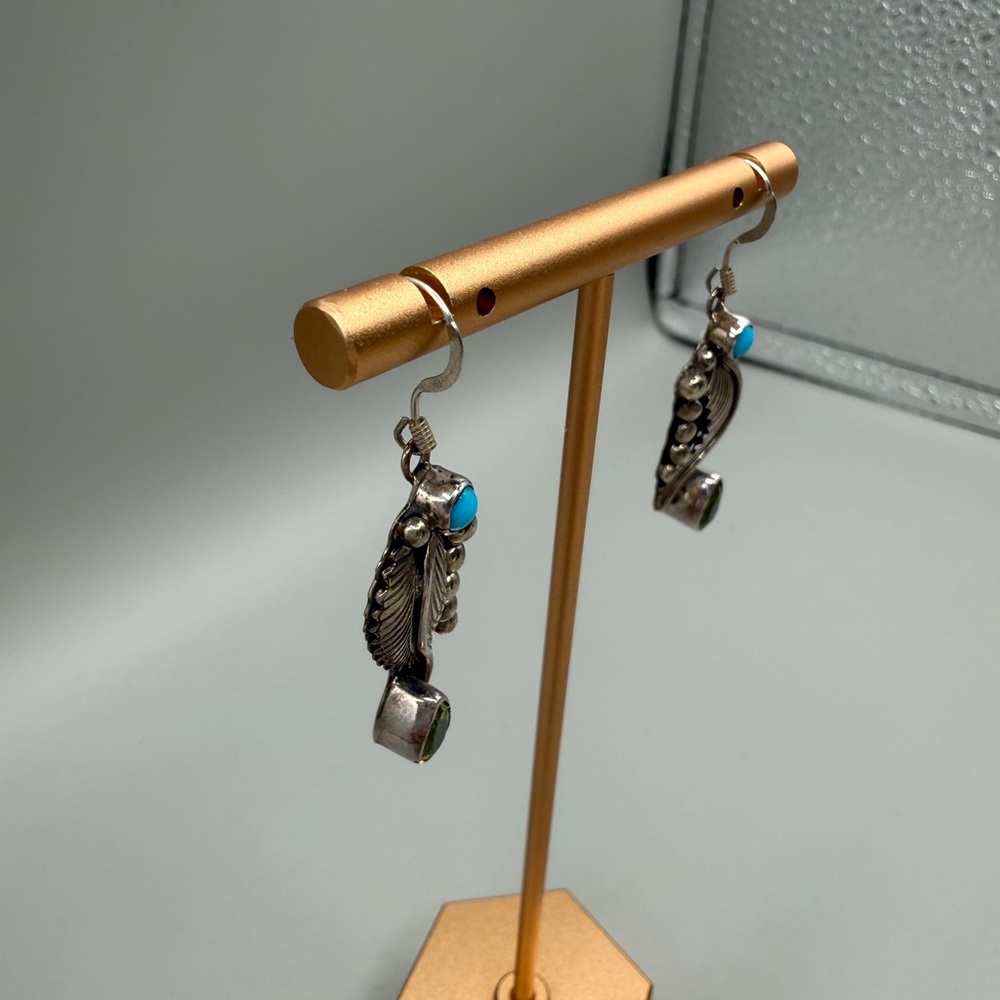 Running Bear Turquoise Dangle Feather Earrings - image 4